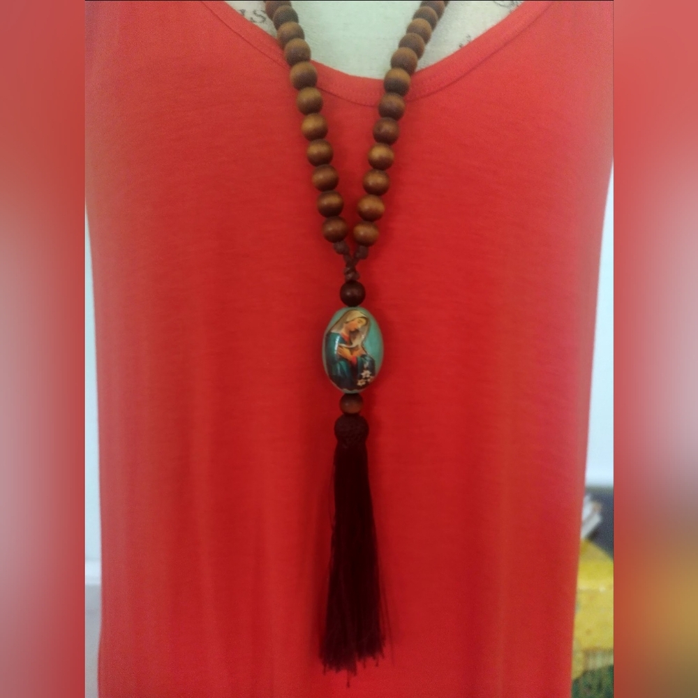 Vintage Tassel Necklace Virgin Mother Mary.